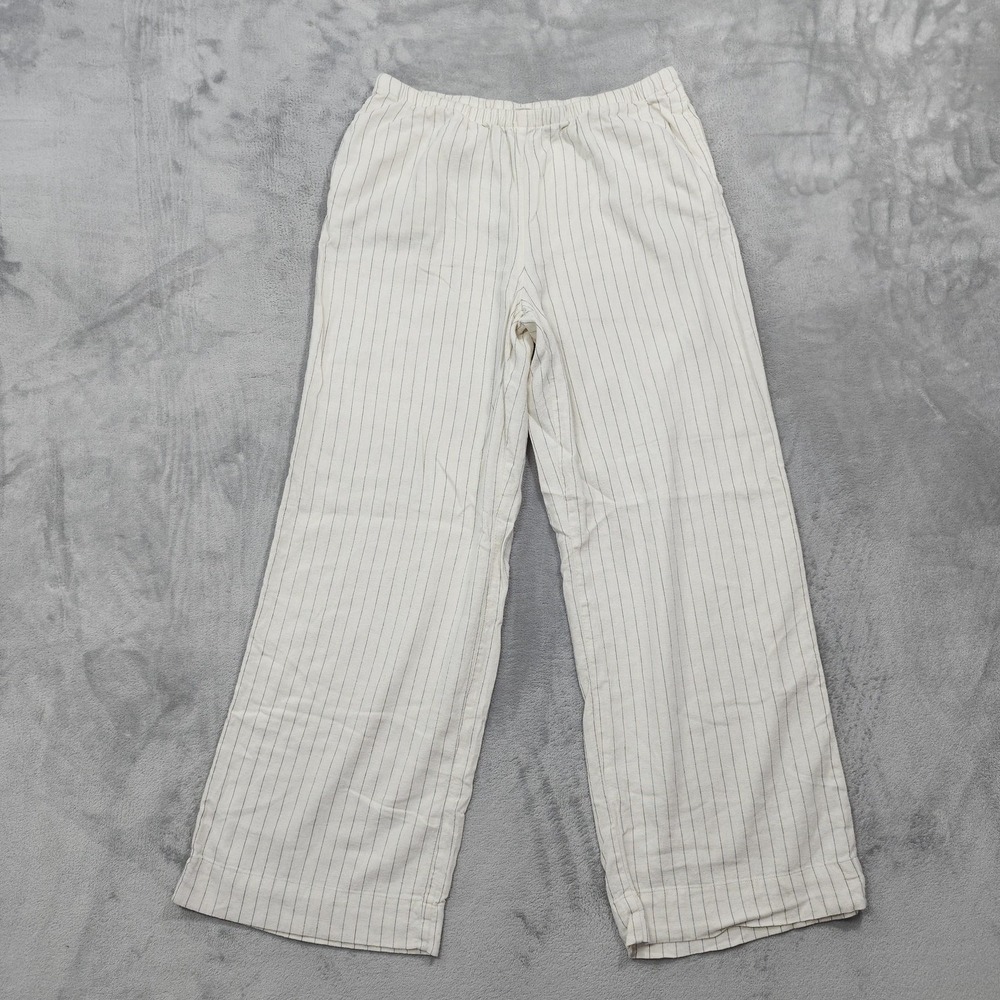 A New Day Pants Womens M Cream Striped Linen Blend Wide Leg Pull On Casual